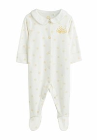 Weißer Baby-Body mit goldenem Sternenmuster, rundem Kragen und Druckknopfverschluss. Verfügt über ein Füßchen-Design und den Schriftzug "Eid Mubarak".
