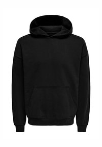 Schwarzer Kapuzenpullover mit Kängurutasche vorne, gerippten Bündchen und Saum; aus einem weichen, strukturierten Stoff gefertigt. Minimalistisches Design.