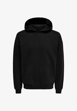 Svart hettegenser med frontlommetype kenguru, ribbede mansjetter og nederkant; laget av et mykt, teksturert stoff. Minimalistisk design.