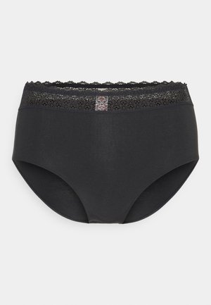 Black cotton brief with a floral lace waistband, featuring a smooth texture and full coverage design. Accented with a small tag at the back.