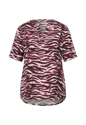 Blouse met korte mouwen met roze en zwarte zebraprinten, V-hals en afgeronde zoom, ontworpen voor casual gebruik.