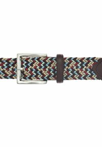 Ceinture tissée aux brins bordeaux, beige, bleu clair et marron, avec une boucle rectangulaire argentée et des passants en cuir marron foncé.