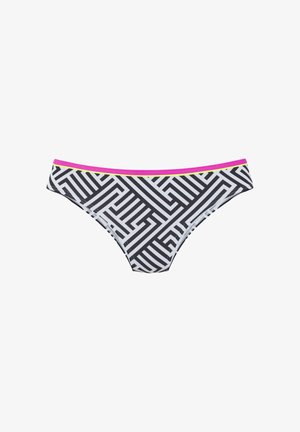 Zwart-witte bikini onderkant met een geometrisch patroon, voorzien van een roze en groene tailleband. Zachte, rekbare stof.