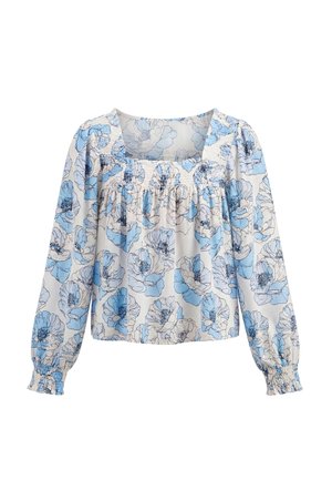 Blouse met lange mouwen met blauw-wit bloemenpatroon, vierkante halslijn en geplooide details op de borst en manchetten.