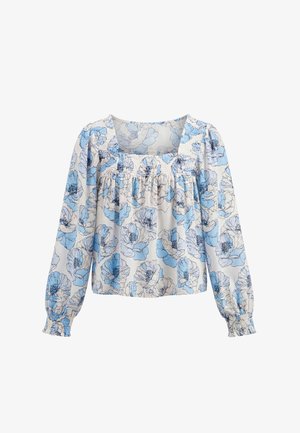 Blouse met lange mouwen met blauw-wit bloemenpatroon, vierkante halslijn en geplooide details op de borst en manchetten.
