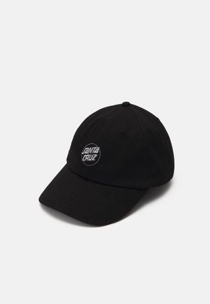 Casquette de baseball noire avec visière courbée et logo circulaire "Santa Cruz" brodé en blanc sur le panneau avant.