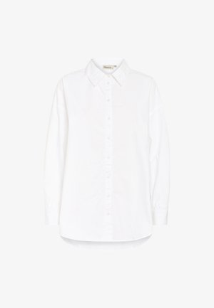 Langärmliges weißes Hemd mit Knopfleiste, spitzem Kragen und abgerundetem Saum, vor weißem Hintergrund dargestellt.