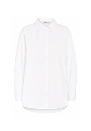 Valge pika varrukaga nööbitav särk terava krae ja kõvera servaga, esitatud valgel taustal.