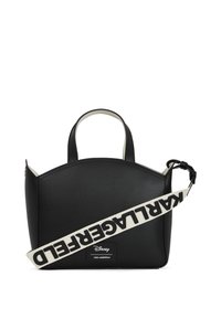 Bolsa sintética preta com topo arredondado, dual de alças e uma alça destacável com um logótipo em destaque. Forro interior branco e etiqueta da marca.