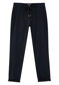 Navy blue chinos made of cotton with a drawstring waist, front pockets, and cuffed hems; smooth texture with minimal stitching details.