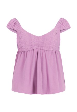 Lila blouse met korte pofmouwen, een textuur-voorpand met borduursel en een uitlopende silhouet. Zachte stof, lichtgewicht ontwerp.