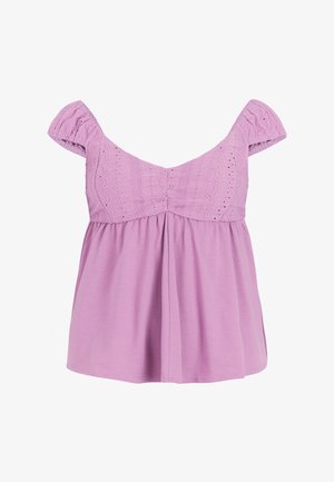 Lila blouse met korte pofmouwen, een textuur-voorpand met borduursel en een uitlopende silhouet. Zachte stof, lichtgewicht ontwerp.