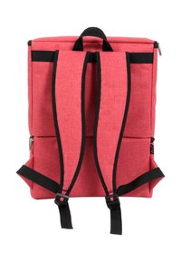Roter Stoffrucksack mit schwarzen verstellbaren Schultergurten und einem oberen Handgriff, von hinten betrachtet.