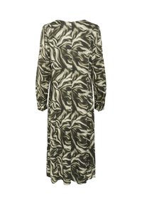 Vestido midi de manga larga con un patrón abstracto en verde oliva, negro y blanco en espiral, mostrado desde atrás sobre un fondo blanco.