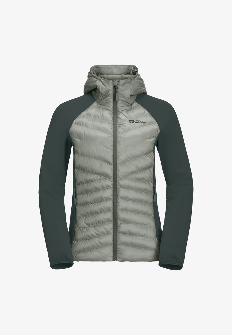 Giacca imbottita con cappuccio, con un torso grigio chiaro e maniche verde scuro. Superficie testurizzata con zip frontale e dettaglio del logo.