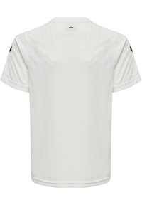Hvid sportstrøje med korte ærmer og rund hals, der har en tekstureret ryg, glat stof og sorte detaljer på skuldrene.