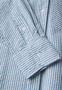 Camicia a righe blu chiaro e bianca con colletto button-down, dotata di bottoni bianchi e taschino sul petto. Tessuto morbido e design informale.