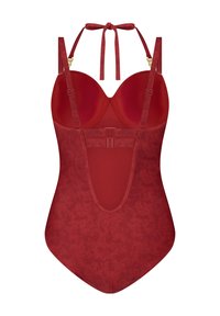 Červené plavky jednodílné s pevným korzetem, zavazováním za krkem a výstřihem na zádech. Hladká textura, decentní vzor a zlaté kovové detaily.