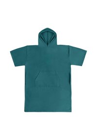 Kragenloser, türkisfarbener Oversized-Hoodie mit einer Fronttasche, kurzen Ärmeln und einer Kordelzugkapuze. Das Material wirkt weich mit einer glatten Textur.