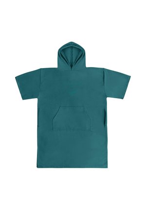 Kragenloser, türkisfarbener Oversized-Hoodie mit einer Fronttasche, kurzen Ärmeln und einer Kordelzugkapuze. Das Material wirkt weich mit einer glatten Textur.