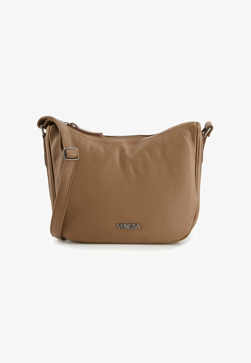 Brown leather crossbody bag with textured finish, curved shape, adjustable strap, and metallic logo accent on the front.