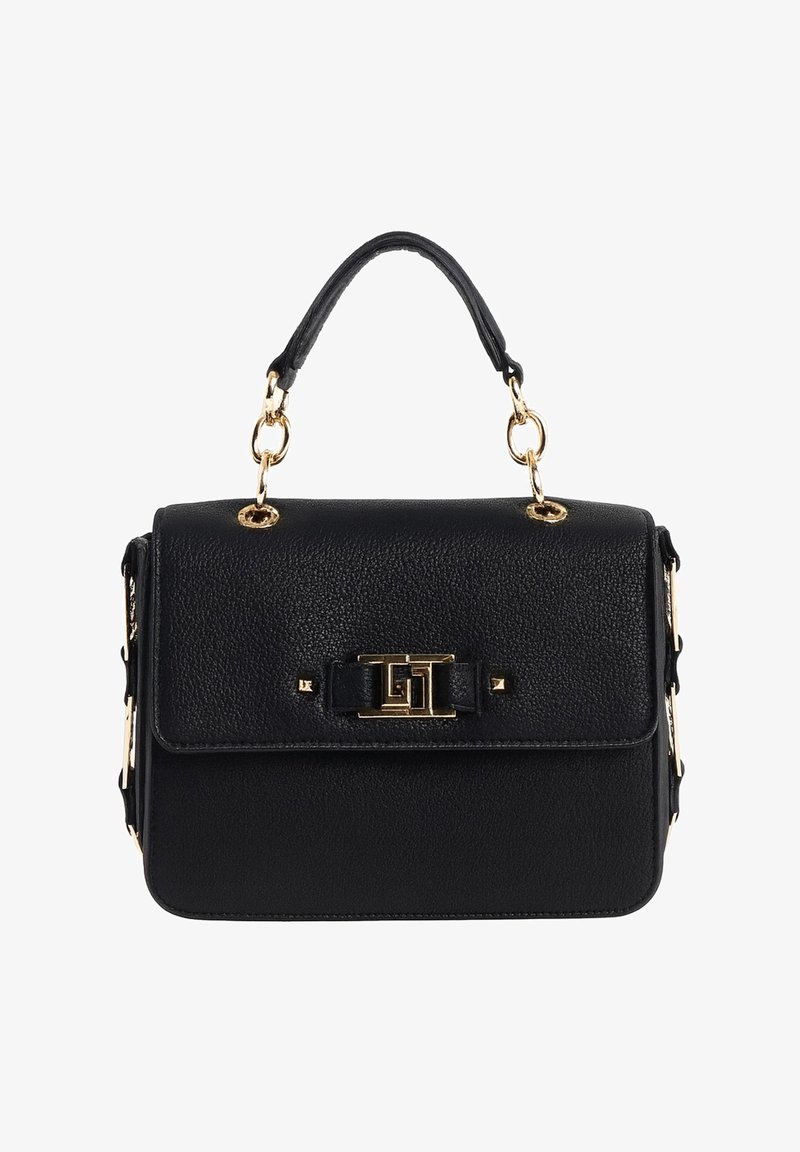 Borsa a tracolla nera in pelle con un design strutturato, hardware dorato, pattina ripiegata e un accento decorativo a forma di fiocco. Presenta un manico superiore e una tracolla.