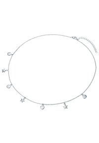 Silversmycke med cirkulära och stjärnformade hängande element på ett delikat kedjesmycke, utrustat med en kräftklämma och justerbar längd.