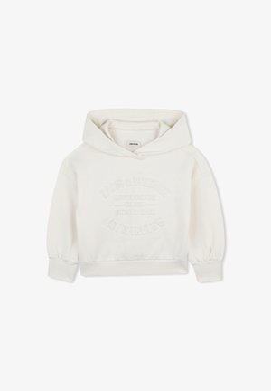 Biała, krótka bluza z kapturem, z regulowanym kapturem ze sznurkiem, prążkowanymi mankietami, wypukłym napisem z przodu oraz miękkim, teksturowanym materiałem.