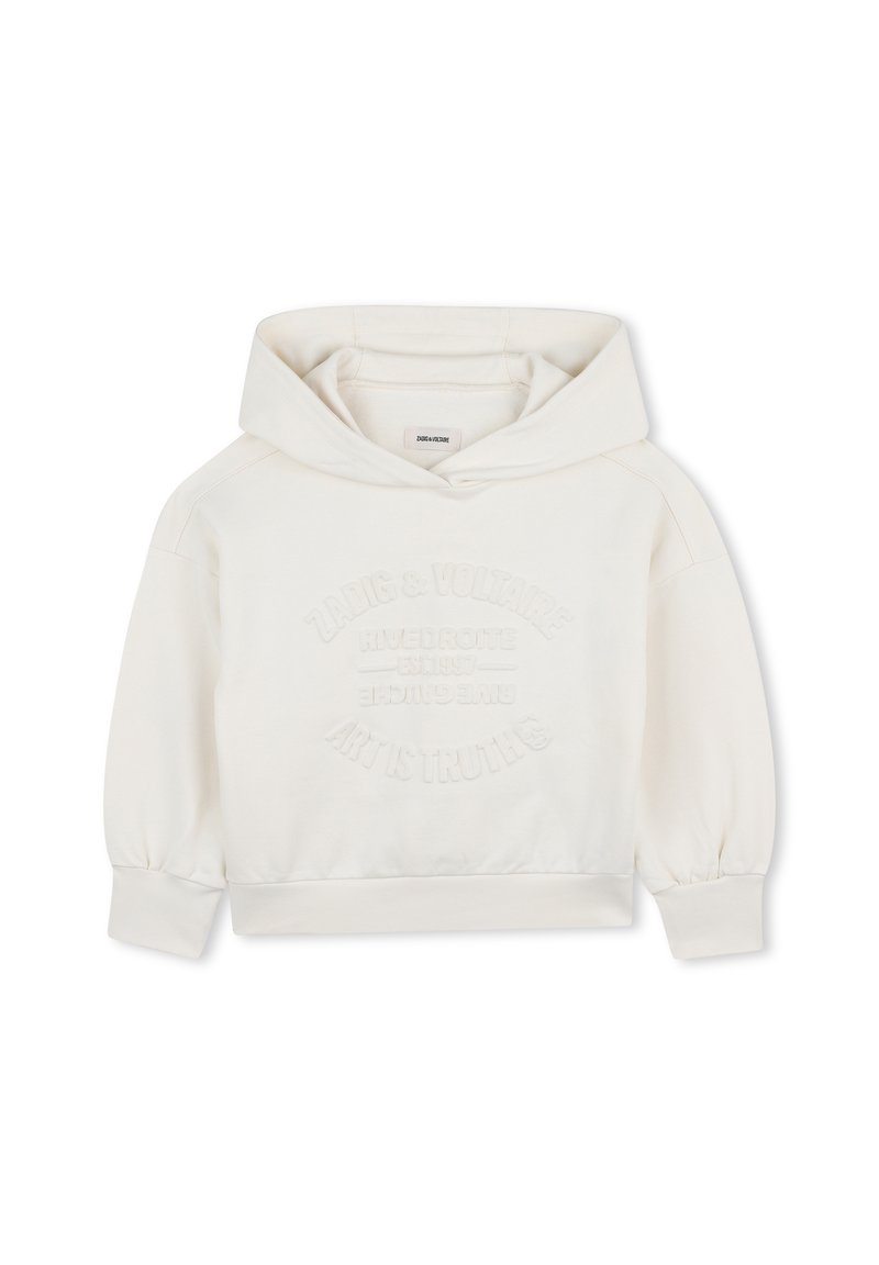 Witte cropped hoodie met een trekkoordcapuchon, ribgebreide mouwen, reliëfteksten op de voorkant en een zachte, gestructureerde stof.
