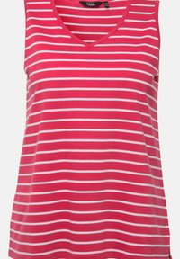 Rotes Tanktop mit weißen horizontalen Streifen, V-Ausschnitt und lockerer Passform aus weichem, leichtem Stoff. Keine definierten Ärmel.