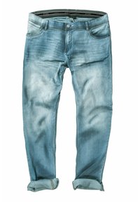 Lys blå denim jeans med en let fading, lige snit og opsmøgede stumper. Har fem lommer og en knap- og lynlåslukning.