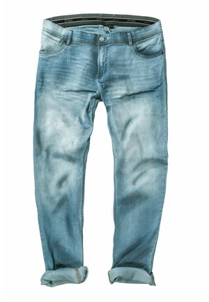 Lys blå denim jeans med en let fading, lige snit og opsmøgede stumper. Har fem lommer og en knap- og lynlåslukning.