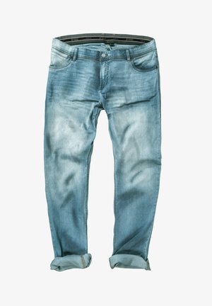 Světle modré džíny z denimu s mírným vyblednutím, rovného střihu a ohrnutými manžetami. Mají pět kapes a zapínání na knoflík a zip.