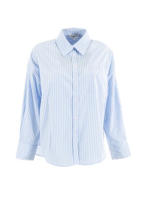 Camicia a righe blu chiaro con colletto, maniche lunghe e taschino sul petto. Realizzata in un tessuto morbido e leggero.