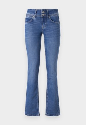 Mėlynos džinsinės kelnės su išplėstu kojų dizainu, turinčios dvigubą mygtukų užsegimą, penkias kišenes ir švelnų plovimą priekyje.