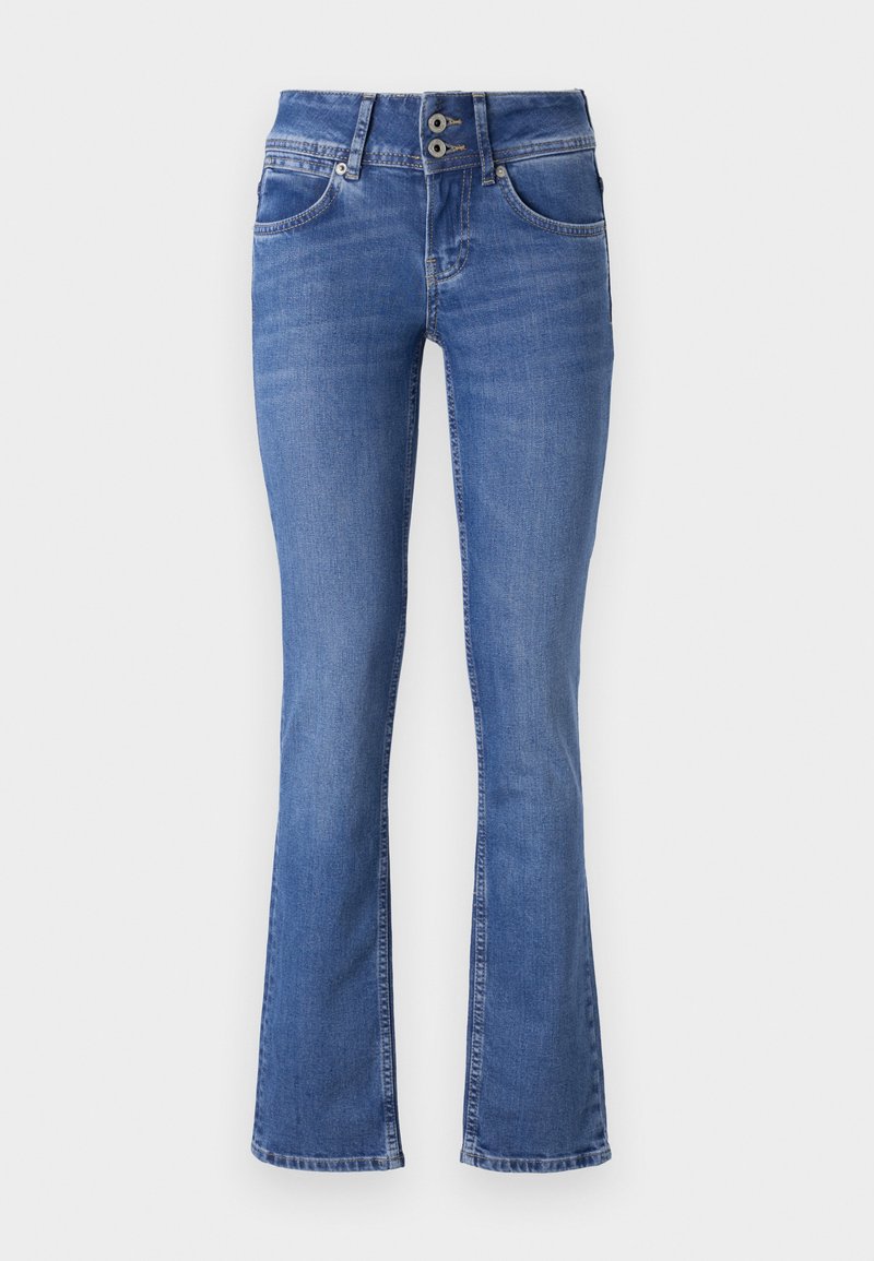 Blaue Jeans aus Denim mit einem ausgestellten Bein-Design, ausgestattet mit einem Zwei-Knopf-Verschluss, fünf Taschen und subtilen Waschungen an der Vorderseite.