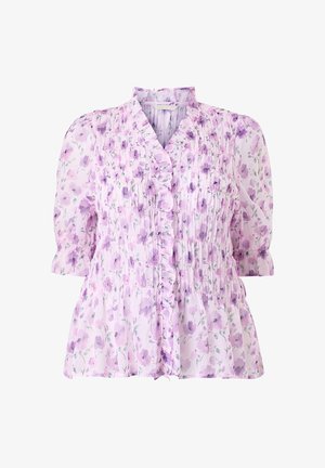 Lichtpaarse bloemenblouse met gerimpelde V-hals, geplooide bust en driekwart pofmouwen.