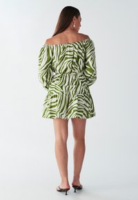 Roheline ja valge õlgadelt paljastuv kleit sebramustriga, vööotsast kitsenev, lehviva seelikuga ja pika volangilise varrukaga. Lõpetatud astmelise äärega.