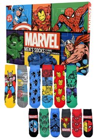 Pack of 12 pairs of colorful men's socks featuring Marvel characters, including Spider-Man, Iron Man, and the Hulk, in varying designs and patterns.