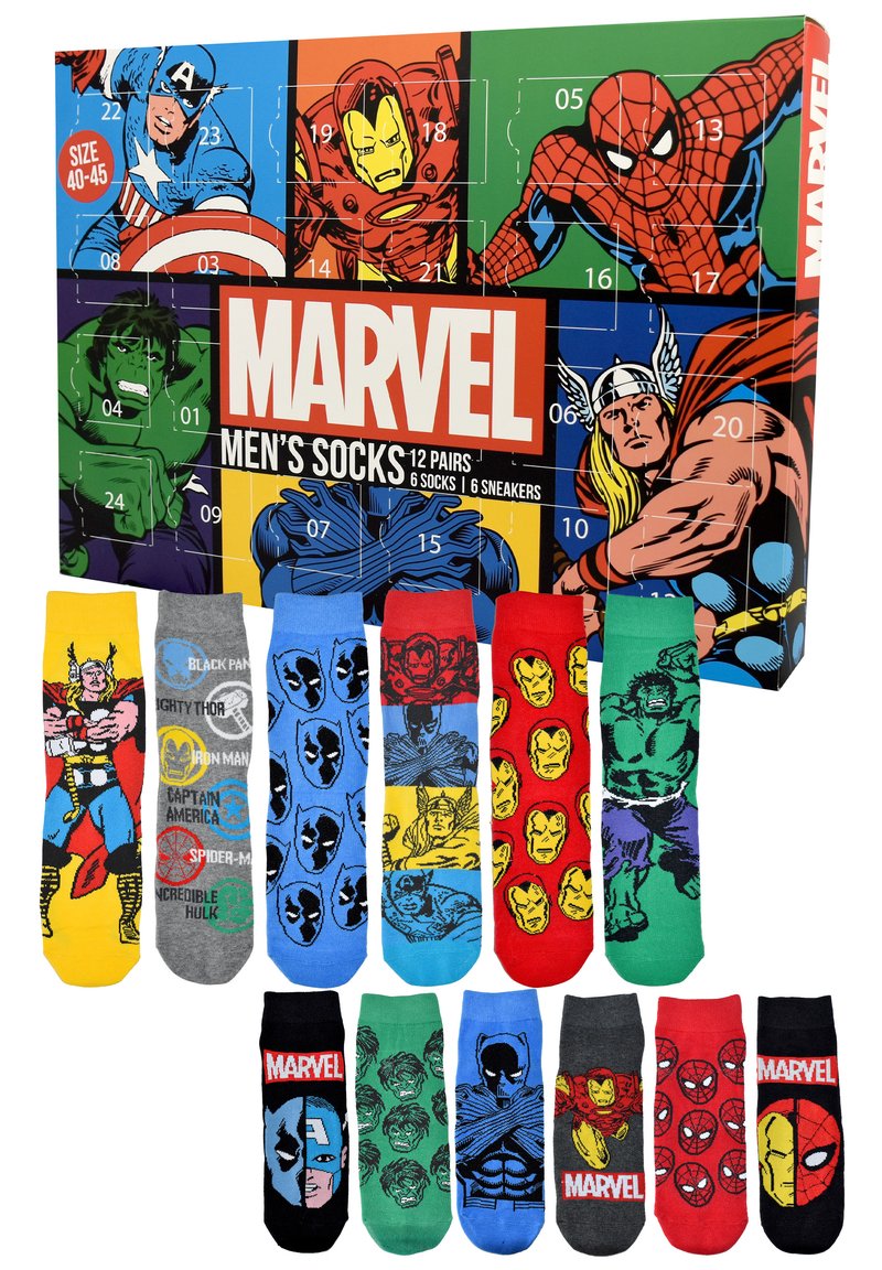 Pack of 12 pairs of colorful men's socks featuring Marvel characters, including Spider-Man, Iron Man, and the Hulk, in varying designs and patterns.