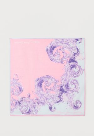 Square silk scarf with pink and light blue background, decorated with swirling purple baroque-style floral patterns on edges.