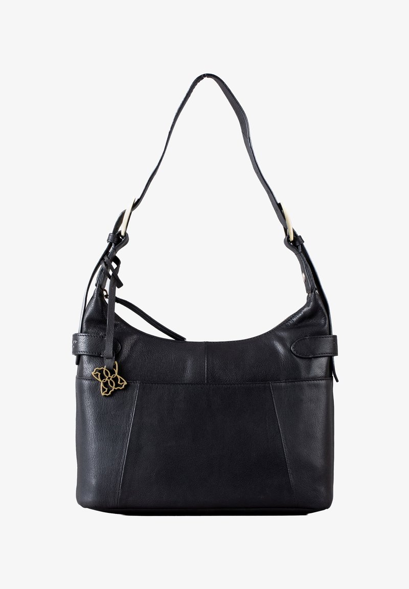 Black leather shoulder bag with a smooth texture, featuring a single strap, side accents, and a decorative metal charm attachment.