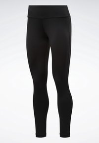Leggings noirs taille haute, ajustés, en tissu lisse avec des détails de coutures visibles, présentés sur fond blanc.