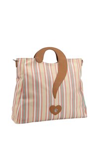 Borsa a tracolla a righe in crema, rosa e aqua; presenta un manico in pelle marrone e una toppa decorativa con un design a forma di cuore e monogramma.