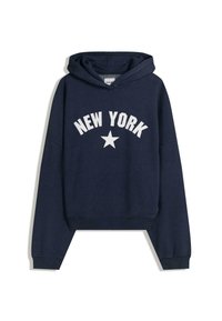 Námornícky modrá mikina s kapucňou s prednou grafikou so slovami "NEW YORK" a hviezdou. Vyrobená z mäkkej látky, s rebrovanými manžetami a lemom.