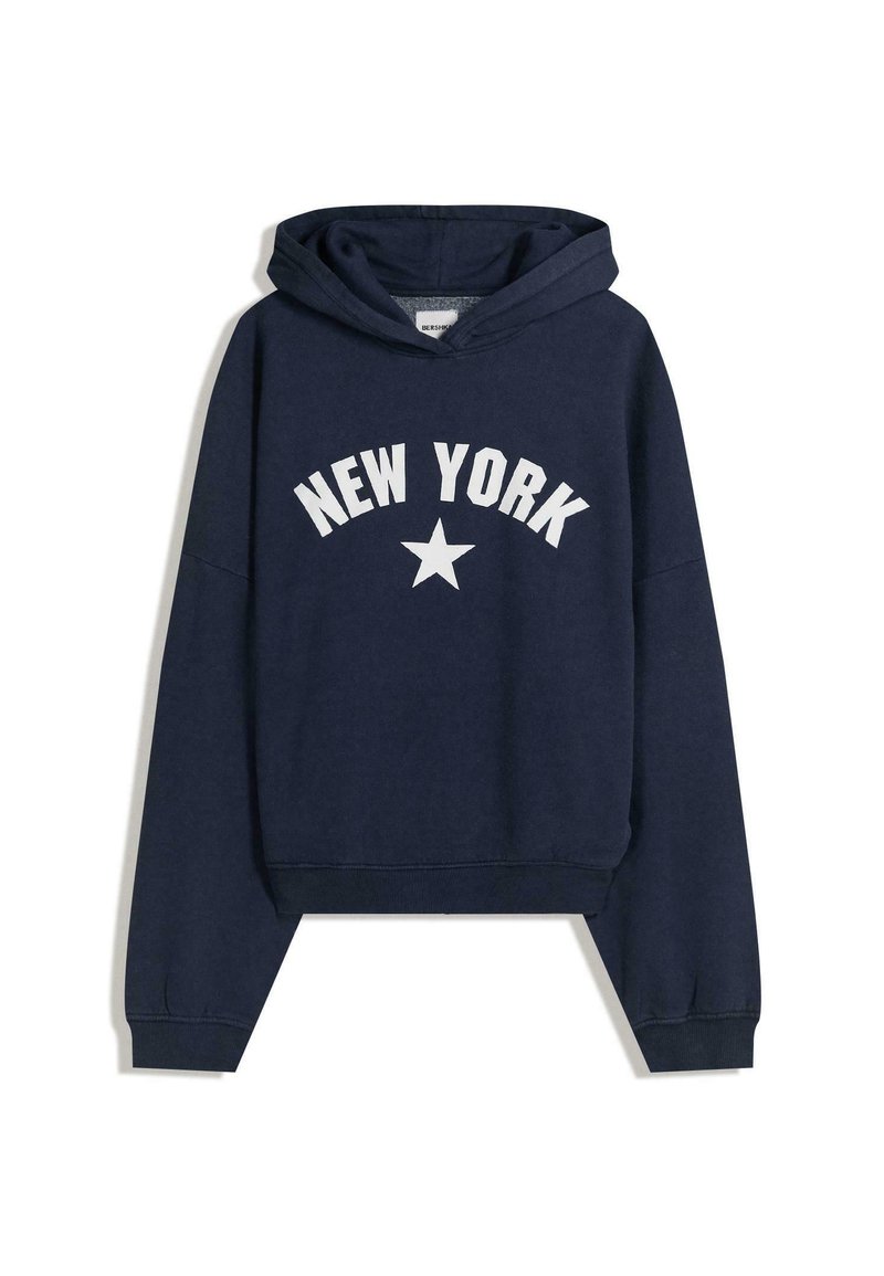 Námornícky modrá mikina s kapucňou s prednou grafikou so slovami "NEW YORK" a hviezdou. Vyrobená z mäkkej látky, s rebrovanými manžetami a lemom.