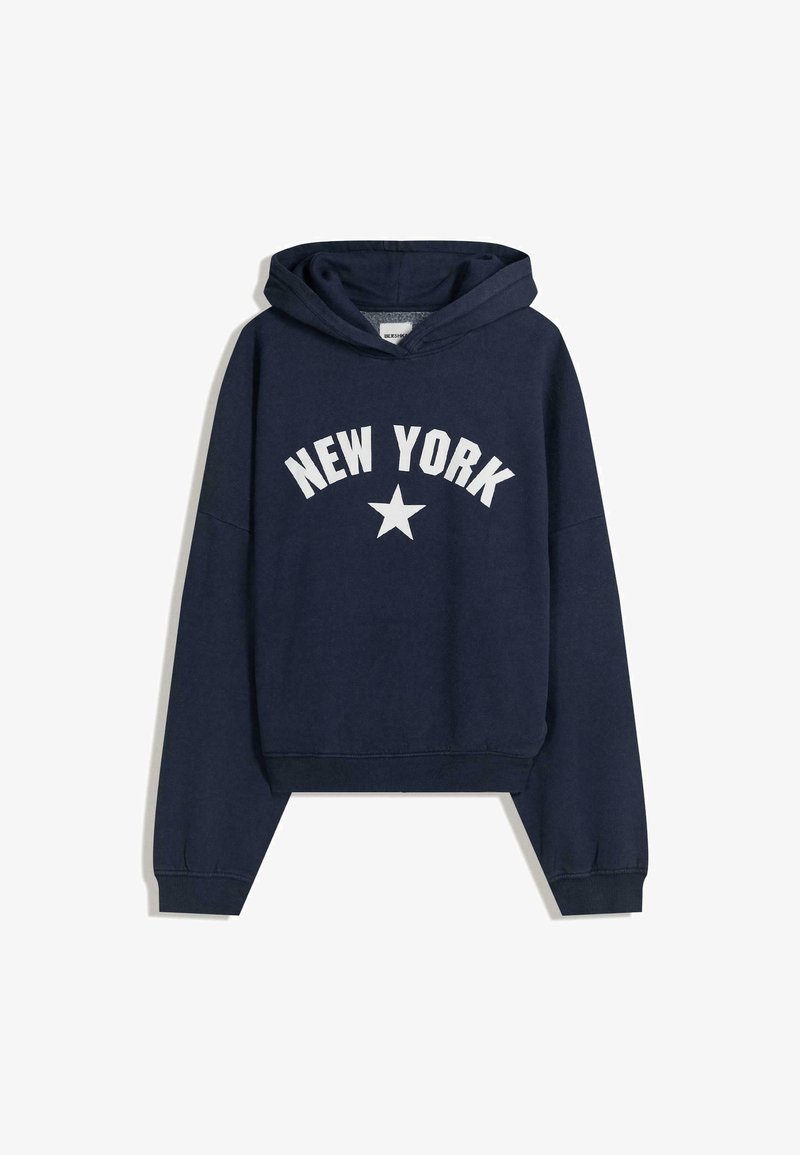 Námornícky modrá mikina s kapucňou s prednou grafikou so slovami "NEW YORK" a hviezdou. Vyrobená z mäkkej látky, s rebrovanými manžetami a lemom.