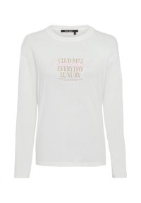White long-sleeve T-shirt featuring front text design in pink and brown. Soft cotton material with a relaxed fit and crew neck.