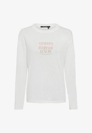 White long-sleeve T-shirt featuring front text design in pink and brown. Soft cotton material with a relaxed fit and crew neck.