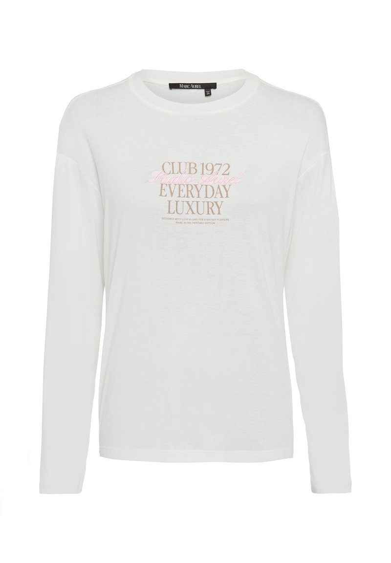 White long-sleeve T-shirt featuring front text design in pink and brown. Soft cotton material with a relaxed fit and crew neck.